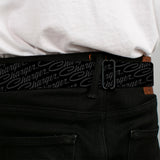 CHARGER Script Emblem Corner Full Color Black Silver Fade White Seatbelt Belt - CHARGER Script Emblem Repeat Black/Grays Webbing
