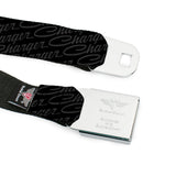 CHARGER Script Emblem Corner Full Color Black Silver Fade White Seatbelt Belt - CHARGER Script Emblem Repeat Black/Grays Webbing
