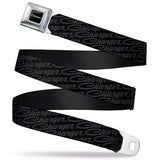 CHARGER Script Emblem Corner Full Color Black Silver Fade White Seatbelt Belt - CHARGER Script Emblem Repeat Black/Grays Webbing