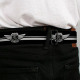 DODGE GARAGE Emblem Full Color Light Gray Black Seatbelt Belt - DODGE GARAGE Emblem Stripe Black/White Webbing