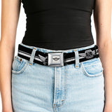 DODGE GARAGE Emblem Full Color Light Gray Black Seatbelt Belt - DODGE GARAGE Emblem Stripe Black/White Webbing