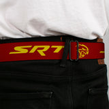 Dodge Hellcat Logo Full Color Black White Seatbelt Belt - Dodge SRT/Hellcat Logo Burgundy/Yellow Webbing