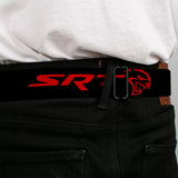 SRT Logo Full Color Black White Seatbelt Belt - Dodge SRT Hellcat Logo CLOSE-UP Black/Red Webbing
