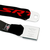 SRT Logo Full Color Black White Seatbelt Belt - Dodge SRT Hellcat Logo CLOSE-UP Black/Red Webbing