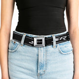 SRT Logo Full Color Black White Seatbelt Belt - Dodge SRT Hellcat Logo Stripe Black/Silver/White Webbing