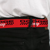 Dodge Viper Logo Full Color Black/White/Red Seatbelt Belt - DODGE RACING Text Checker Red/Black/White Webbing