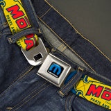 MOPAR Logo Full Color Black/Blue/White Seatbelt Belt - MOPAR 1937-1947 Logo-USE CHRYSLER ENGINEERED MOPAR PARTS AND ACCESSORIES Blue/Yellow/Red Webbing