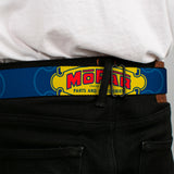 MOPAR Logo Full Color Black/Blue/White Seatbelt Belt - MOPAR 1937-1947 Logo-USE CHRYSLER ENGINEERED MOPAR PARTS AND ACCESSORIES Blue/Yellow/Red Webbing