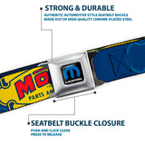 MOPAR Logo Full Color Black/Blue/White Seatbelt Belt - MOPAR 1937-1947 Logo-USE CHRYSLER ENGINEERED MOPAR PARTS AND ACCESSORIES Blue/Yellow/Red Webbing