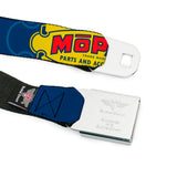 MOPAR Logo Full Color Black/Blue/White Seatbelt Belt - MOPAR 1937-1947 Logo-USE CHRYSLER ENGINEERED MOPAR PARTS AND ACCESSORIES Blue/Yellow/Red Webbing