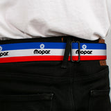 MOPAR Chrysler Logo Full Color White/Blue/Red/Black Seatbelt Belt - MOPAR Logo/Stripe Blue/White/Red Webbing
