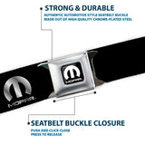 MOPAR Logo Full Color Black/White Seatbelt Belt - MOPAR Logo Repeat Black/Silver Gradient Webbing