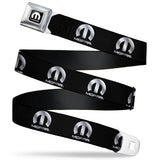MOPAR Logo Full Color Black/White Seatbelt Belt - MOPAR Logo Repeat Black/Silver Gradient Webbing