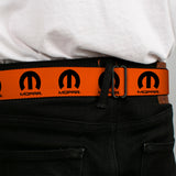 MOPAR Logo Full Color Black/White Seatbelt Belt - MOPAR Logo Repeat Orange/Black Webbing