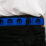 MOPAR Logo Full Color Black/White Seatbelt Belt - MOPAR Logo Repeat Blue/Black Webbing