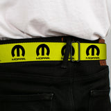 MOPAR Logo Full Color Black/White Seatbelt Belt - MOPAR Logo Repeat Yellow/Black Webbing
