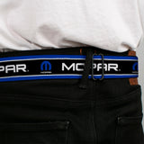 MOPAR Logo Full Color Black White Seatbelt Belt - MOPAR Text/Logo/Stripe Blue/White/Black Webbing