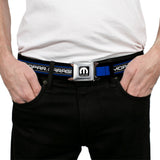 MOPAR Logo Full Color Black White Seatbelt Belt - MOPAR GARAGE Checker Logo/Stripe Black/Blue/White Webbing