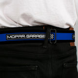 MOPAR Logo Full Color Black White Seatbelt Belt - MOPAR GARAGE Checker Logo/Stripe Black/Blue/White Webbing