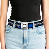 MOPAR Logo Full Color Black White Seatbelt Belt - MOPAR GARAGE Checker Logo/Stripe Black/Blue/White Webbing