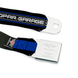 MOPAR Logo Full Color Black White Seatbelt Belt - MOPAR GARAGE Checker Logo/Stripe Black/Blue/White Webbing