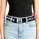 MOPAR Logo Full Color Black White Seatbelt Belt - MOPAR Text Black/White Webbing