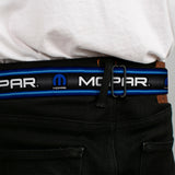 MOPAR Logo Full Color Black White Seatbelt Belt - MOPAR Text/Logo/Stripe/Grill Black/Grays/Blue Glow/White Webbing