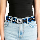 MOPAR Logo Full Color Black White Seatbelt Belt - MOPAR Text/Logo/Stripe/Grill Black/Grays/Blue Glow/White Webbing