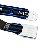 MOPAR Logo Full Color Black White Seatbelt Belt - MOPAR Text/Logo/Stripe/Grill Black/Grays/Blue Glow/White Webbing
