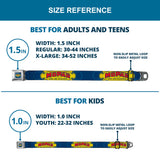 MOPAR 1937-1947 Logo Full Color Blue/Yellow/Red Seatbelt Belt - MOPAR 1937-1947 Logo-USE CHRYSLER ENGINEERED MOPAR PARTS AND ACCESSORIES Blue/Yellow/Red Webbing
