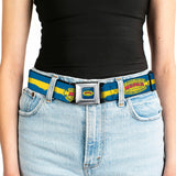 MOPAR 1937-1947 Logo Full Color Blue Yellow Red Seatbelt Belt - MOPAR 1937-1947 Logo-USE CHRYSLER ENGINEERED MOPAR PARTS AND ACCESSORIES/Paint Stripe Blue/Yellow/Red Webbing
