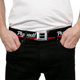 PLYMOUTH Text Logo Full Color Black White Seatbelt Belt - PLYMOUTH Text/Stripe Black/White/Gray/Red Webbing
