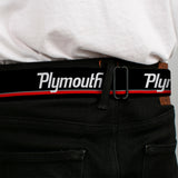 PLYMOUTH Text Logo Full Color Black White Seatbelt Belt - PLYMOUTH Text/Stripe Black/White/Gray/Red Webbing