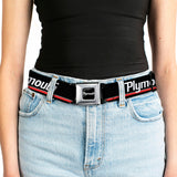 PLYMOUTH Text Logo Full Color Black White Seatbelt Belt - PLYMOUTH Text/Stripe Black/White/Gray/Red Webbing
