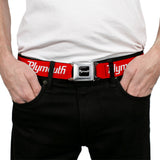 PLYMOUTH Text Logo Full Color Black White Seatbelt Belt - PLYMOUTH Text Logo Red/White Webbing
