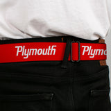 PLYMOUTH Text Logo Full Color Black White Seatbelt Belt - PLYMOUTH Text Logo Red/White Webbing