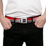Plymouth GTX Emblem Full Color Black Silver Fade White Seatbelt Belt - Plymouth GTX Emblem/Stripe Red/White/Grays Webbing