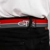 Plymouth GTX Emblem Full Color Black Silver Fade White Seatbelt Belt - Plymouth GTX Emblem/Stripe Red/White/Grays Webbing