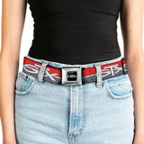 Plymouth GTX Emblem Full Color Black Silver Fade White Seatbelt Belt - Plymouth GTX Emblem/Stripe Red/White/Grays Webbing
