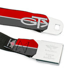 Plymouth GTX Emblem Full Color Black Silver Fade White Seatbelt Belt - Plymouth GTX Emblem/Stripe Red/White/Grays Webbing