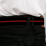 Dodge 100th Anniversary Logo Brushed Silver Black Seatbelt Belt - Dodge 100th Anniversary Logo/Stripe Black/Red Webbing