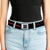 Dodge 100th Anniversary Logo Brushed Silver Black Seatbelt Belt - Dodge 100th Anniversary Logo/Stripe Black/Red Webbing