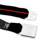 Dodge 100th Anniversary Logo Brushed Silver Black Seatbelt Belt - Dodge 100th Anniversary Logo/Stripe Black/Red Webbing
