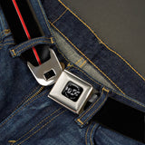 Dodge 100th Anniversary Logo Brushed Silver Black Seatbelt Belt - Dodge 100th Anniversary Rhombus/Stripe Black-Gray Swirl/Red Webbing