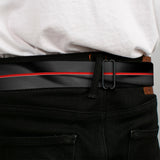 Dodge 100th Anniversary Logo Brushed Silver Black Seatbelt Belt - Dodge 100th Anniversary Rhombus/Stripe Black-Gray Swirl/Red Webbing