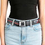 Dodge 100th Anniversary Logo Brushed Silver Black Seatbelt Belt - Dodge 100th Anniversary Rhombus/Stripe Black-Gray Swirl/Red Webbing
