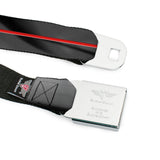 Dodge 100th Anniversary Logo Brushed Silver Black Seatbelt Belt - Dodge 100th Anniversary Rhombus/Stripe Black-Gray Swirl/Red Webbing