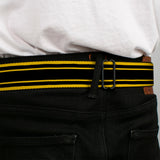 SUPER BEE Logo Full Color Black Yellow White Seatbelt Belt - SUPER BEE Logo/Stripes Black/Yellow/White Webbing