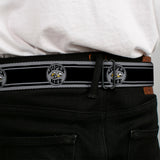 SUPER BEE Logo Full Color Black Yellow White Seatbelt Belt - SUPER BEE Logo/Stripes Black/Gray/Yellow/White Webbing