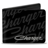 Bi-Fold Wallet - CHARGER Script Emblem Repeat Corner Black Grays White